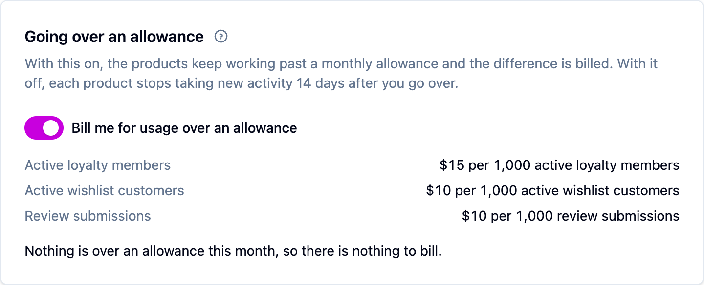 The Going over an allowance card on the billing page, with the Bill me for usage over an allowance switch on and the three overage rates