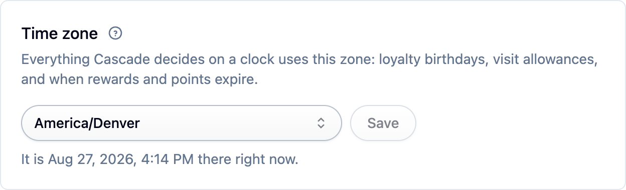 The Time zone card on the General settings page