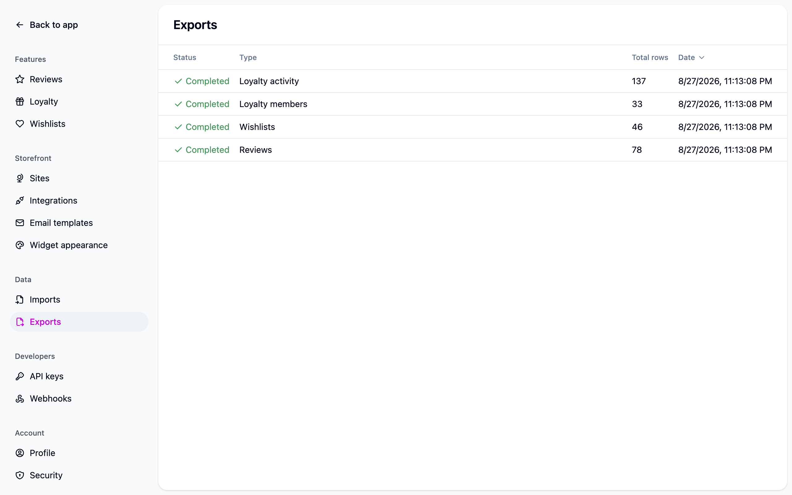 The Exports page with a finished wishlists export