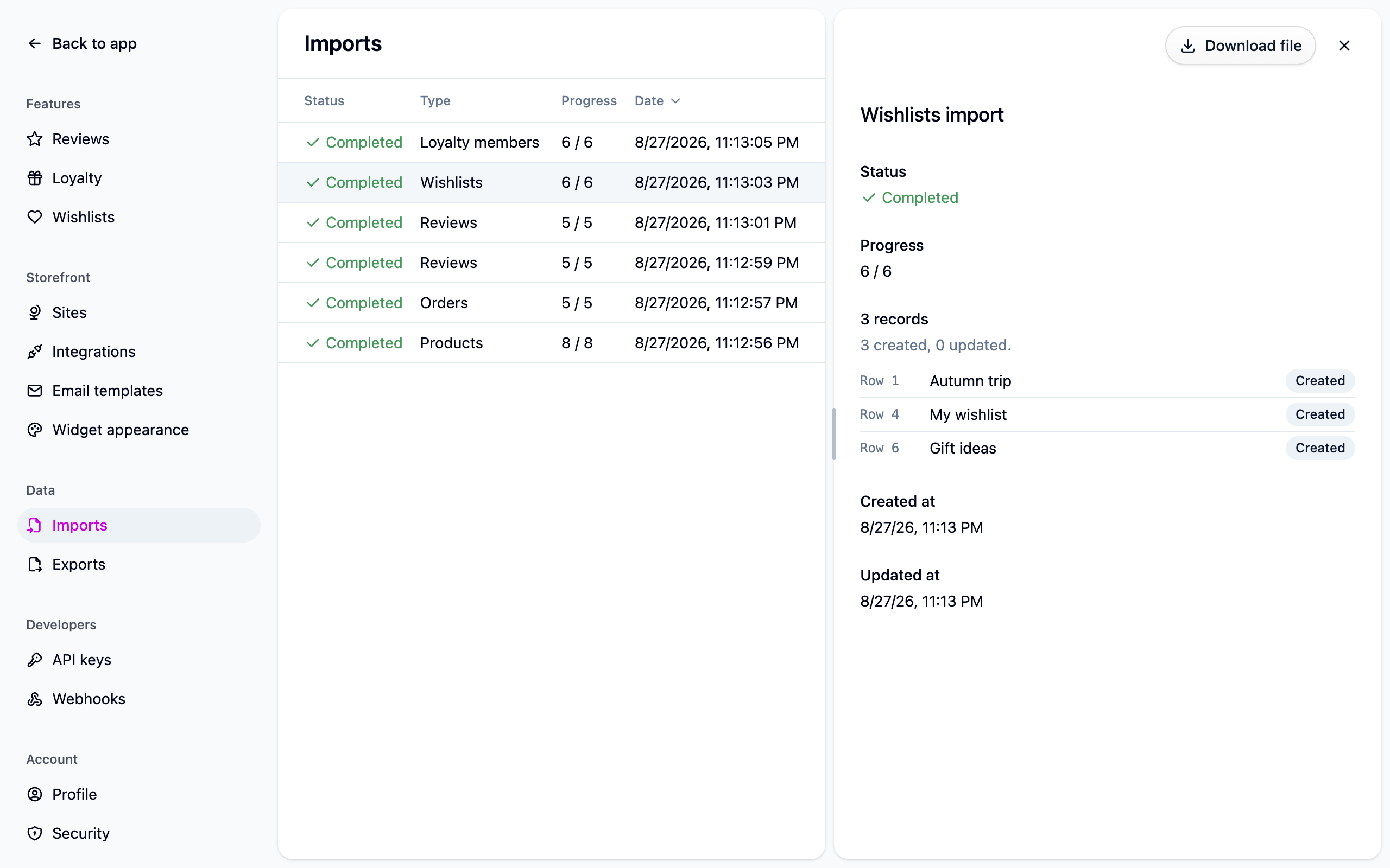 A finished wishlists import listing the lists it created