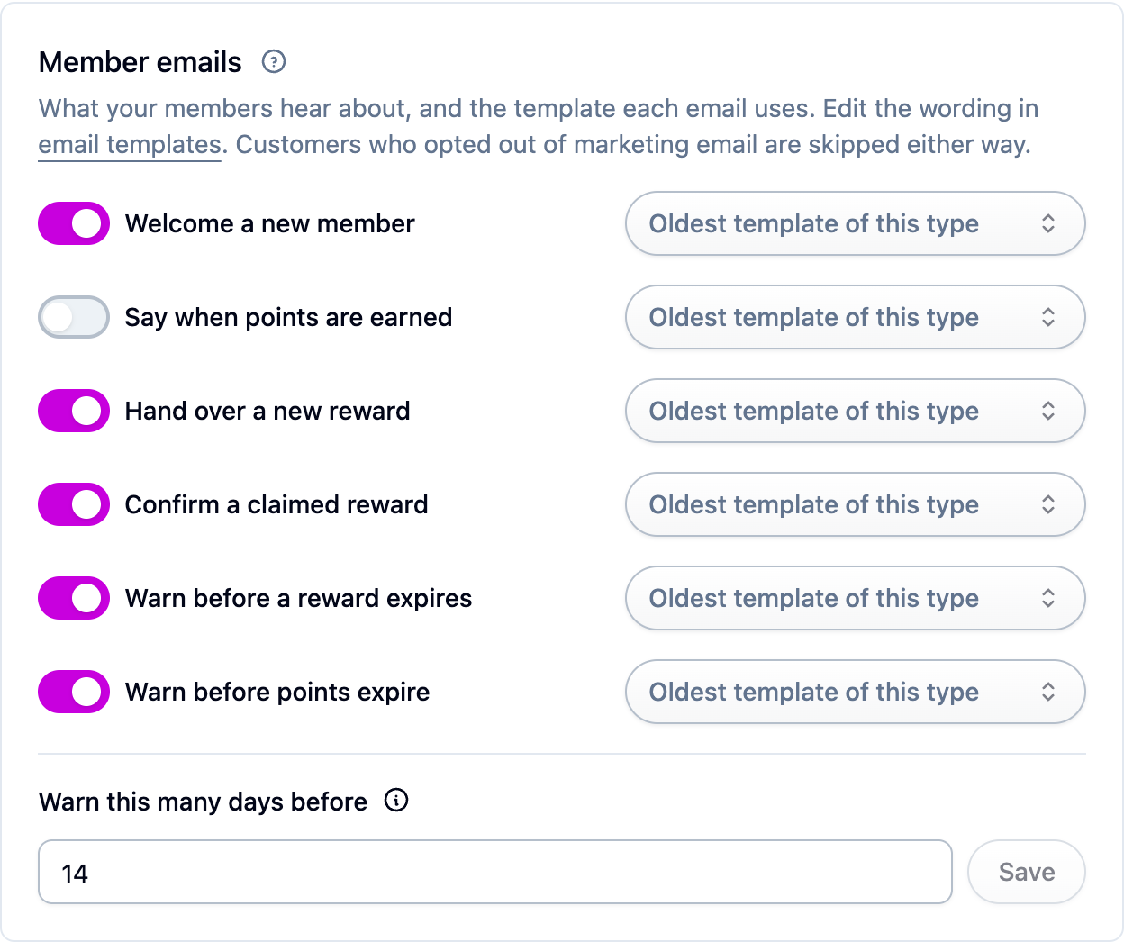 The Member emails section, with a switch and template picker for each email