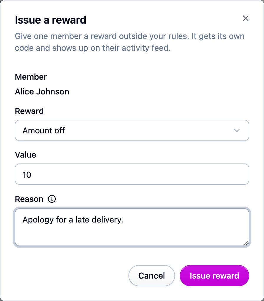 The Issue a reward dialog