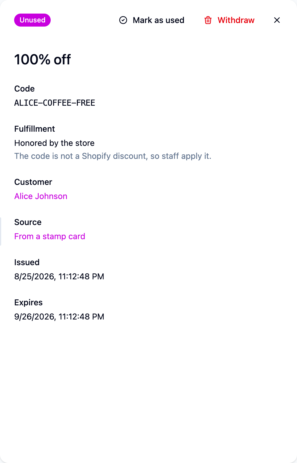 A reward with its code, status and the Mark as used and Withdraw buttons