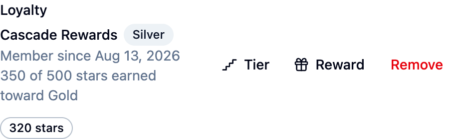 The Loyalty block on a customer's page, with the Tier button