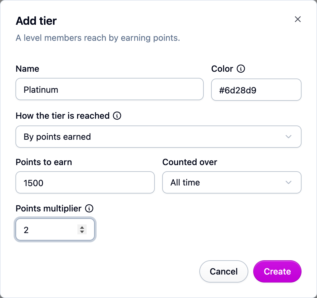 The Add tier dialog, filled in for a Platinum tier