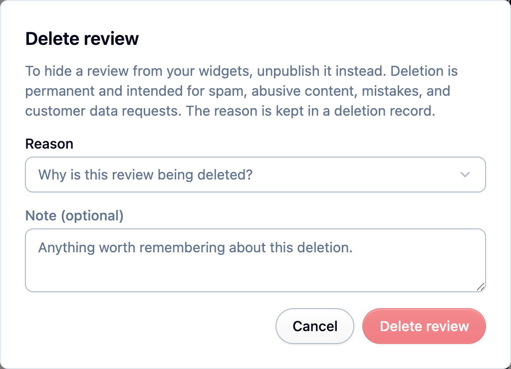 The Delete review dialog asking for a reason and an optional note