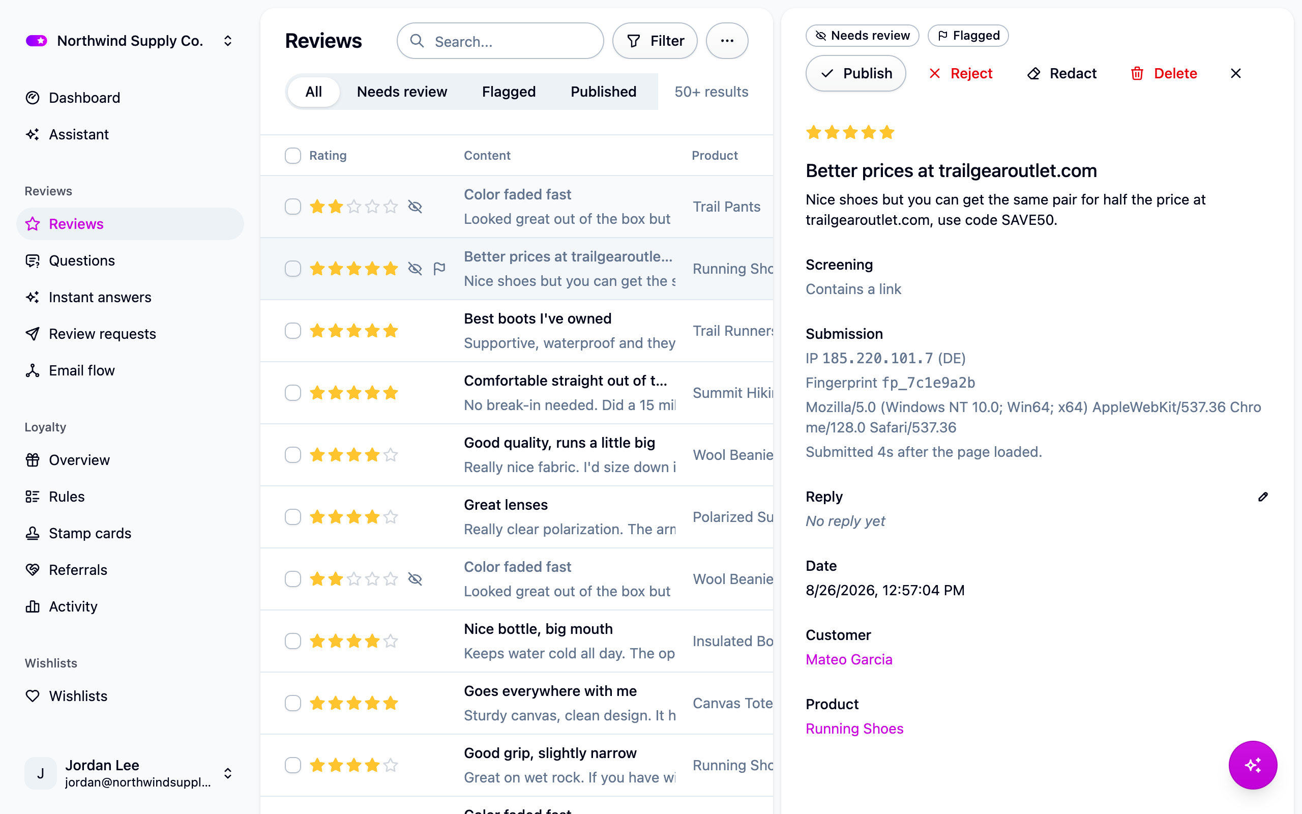 A flagged review with the screening reason, the submission details and links to other reviews from the same browser