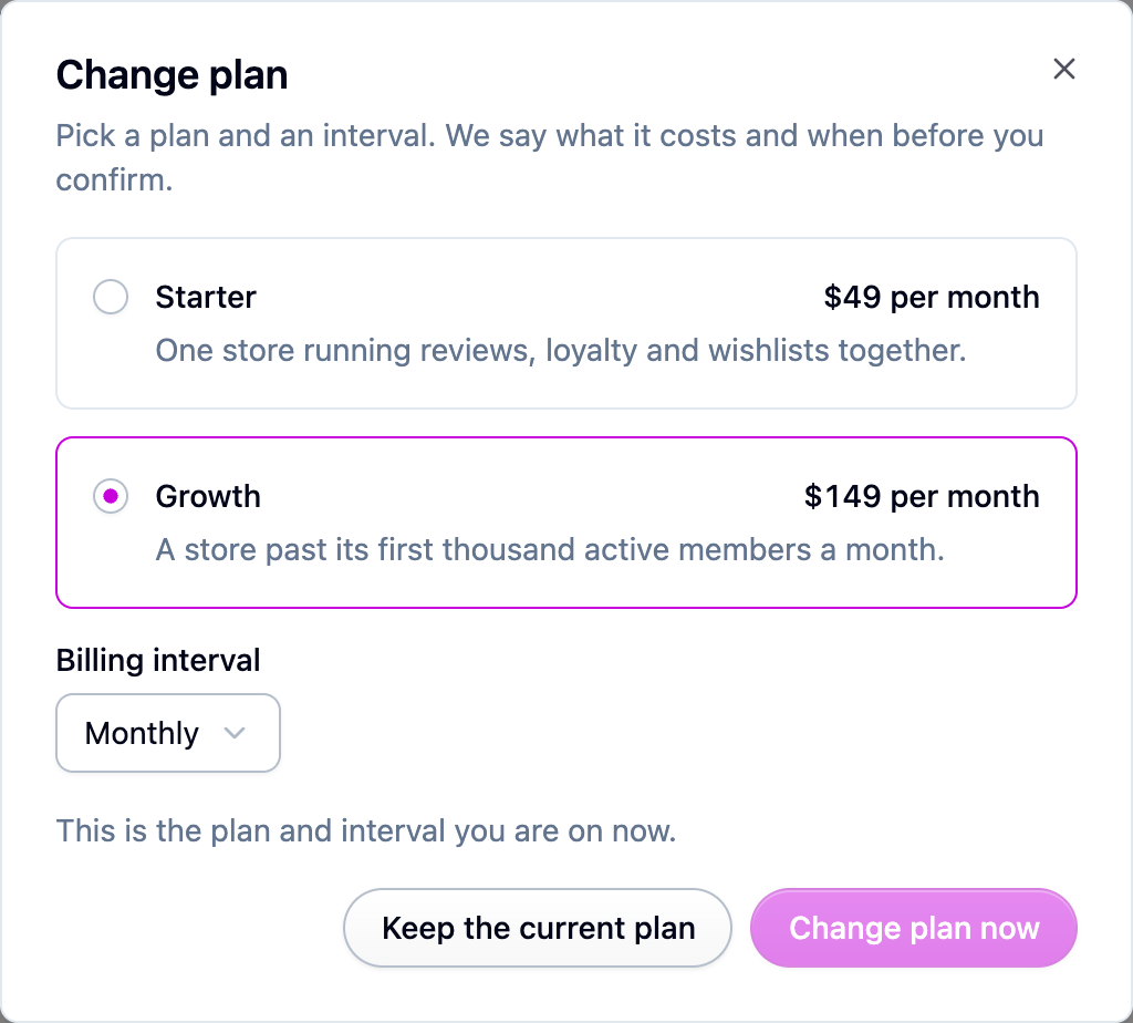 The Change plan dialog, with Starter and Growth and a billing interval picker