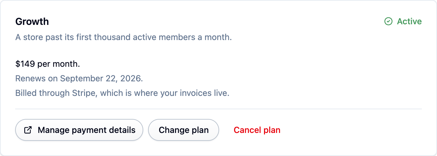 The plan card on the Billing page, showing the current plan, its price and renewal date