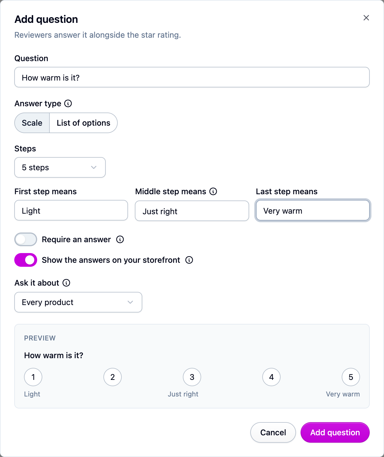 The Add question form for a five step scale, with the preview at the bottom