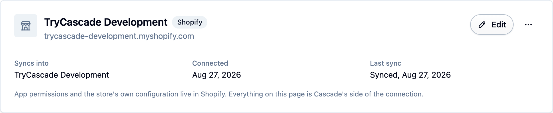 The Integrations page showing a connected Shopify store, when it connected and its last sync