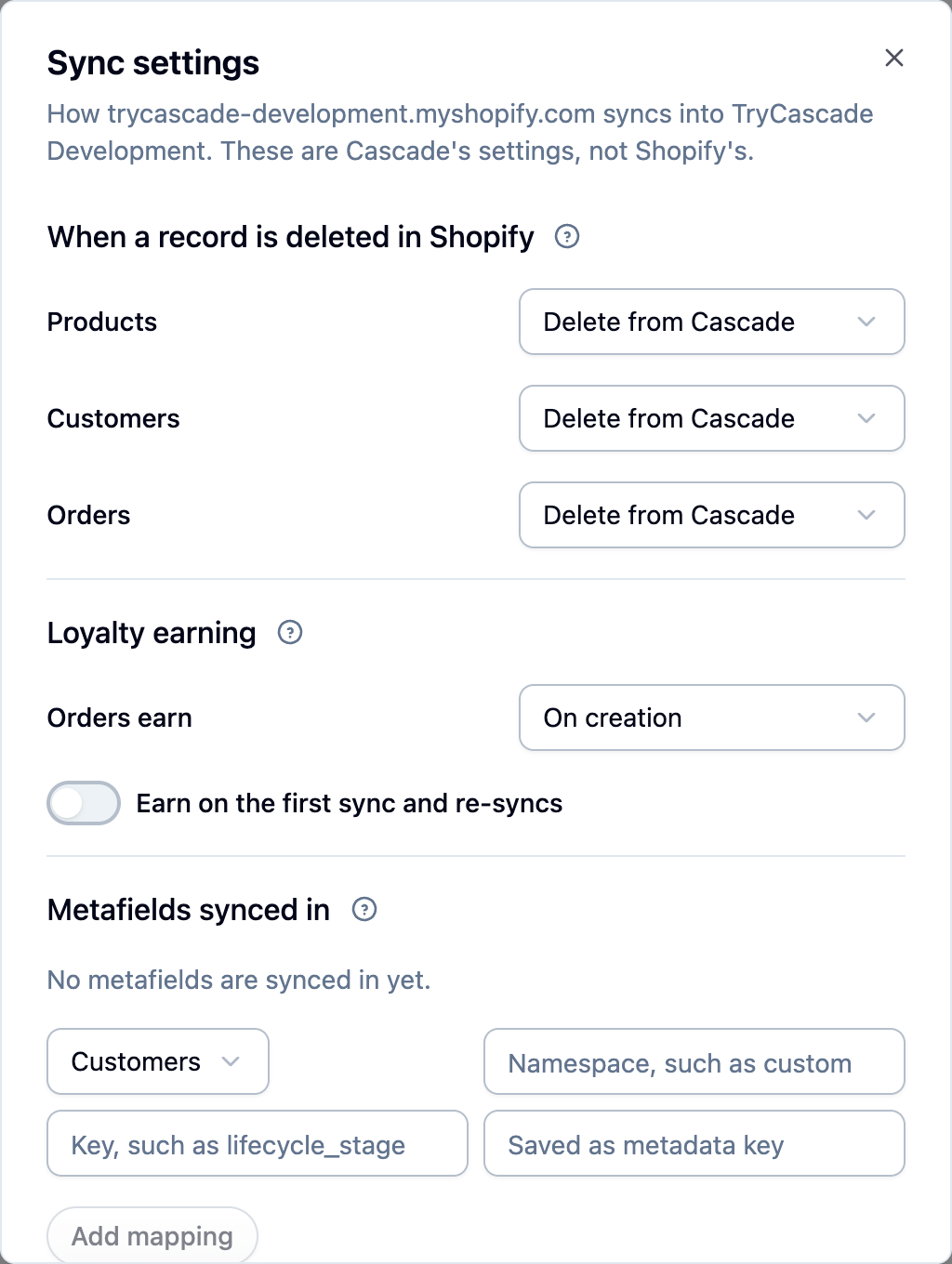 The Sync settings dialog with deletion settings, loyalty earning and metafield mappings